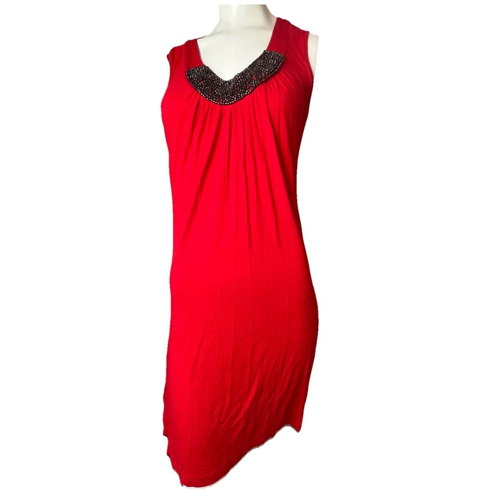 St Johns Bay Soft Rayon Sleeveless Beaded Neckline Shift Dress Red Small